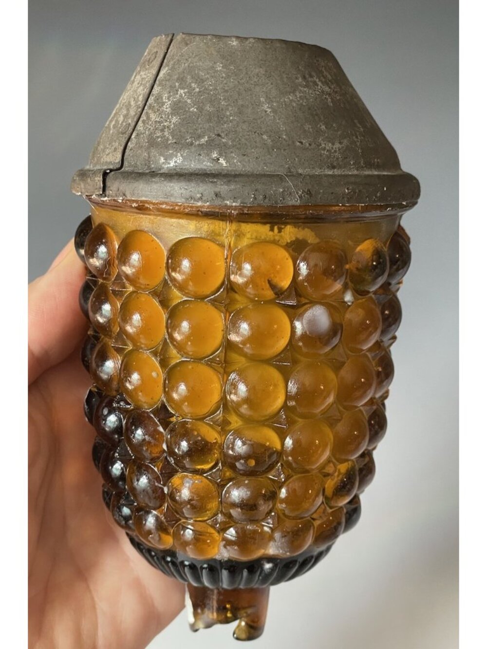 Antique Victorian EAPG Pressed Amber Glass Thousand Eye Christmas Fairy Peg Lamp